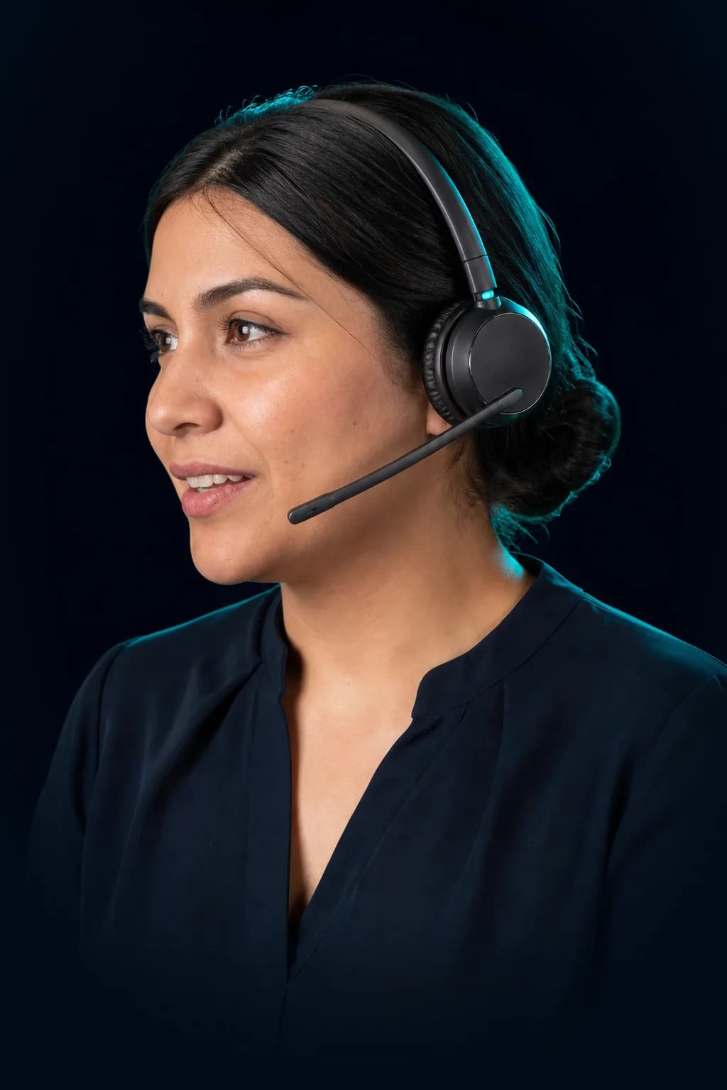 Sabrina, the CleanFlow receptionist, wearing a headset